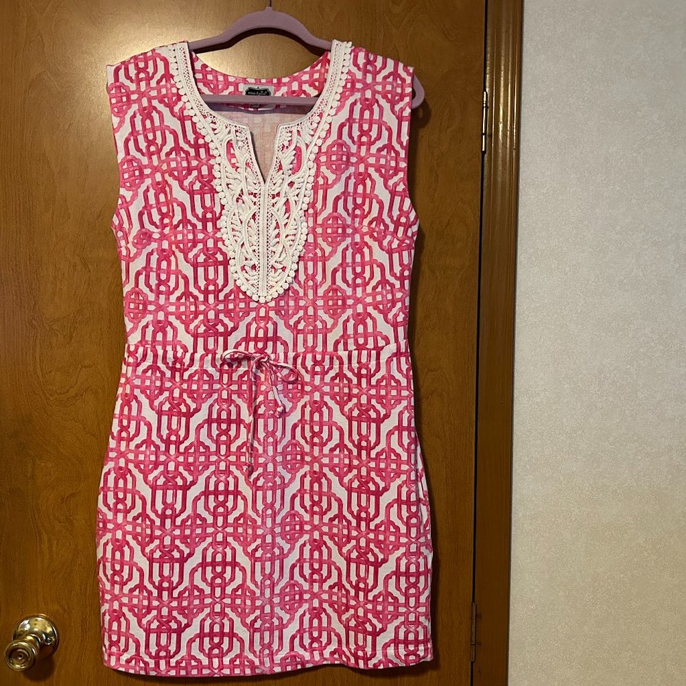 MUD PIE Sz S Pink and White with Crochet Sleeveless Dress Pockets